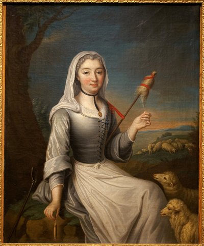 A Duquesa de Villars (?) em uma bergère segurando um rabo de gato. Pintura francesa, óleo sobre tela, 80 x 63,6 cm, primeira metade do século XVIII. Musee de Tesse, Le Mans. de French School