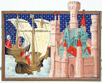 O Duque de Salisbury chegando ao Conway Castle da Irlanda, cópia fac-símile de Le Prinse et Mort du Roy Richart por Jean Creton, reimpresso do século XIX de French School
