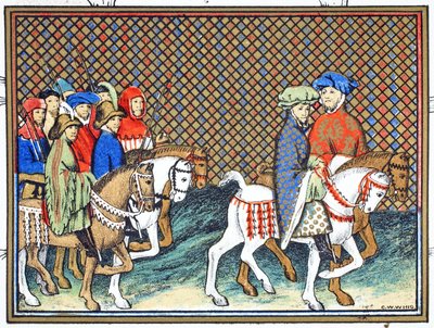 Os duques de Exeter e Surrey enviados por Richard II do castelo de Conway para Chester para tratar com o duque de Lancaster, cópia fac-símile de Le Prinse et Mort du Roy Richart por Jean Creton, reimpresso 19 de French School