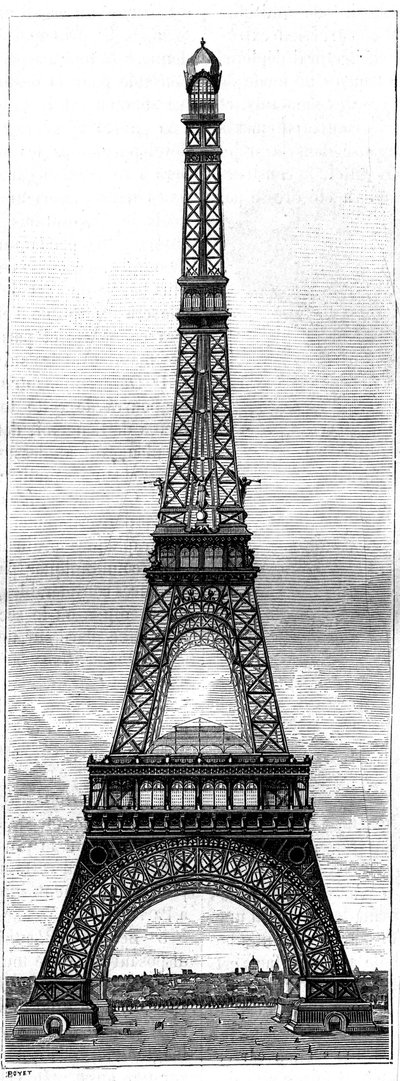 A Torre Eiffel, torre de 300 metros de altura para a Exposição Mundial de 1889, em Paris, pelo engenheiro e industrial Gustave Eiffel (1832-1923). Gravura em "La Nature. Revue des sciences et de ses applications aux arts et à l
