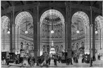 A Exposição Electricite em Viena (Áustria), uma visão geral da grande rotunda iluminada por luz eléctrica. Gravura em "La Nature. Revue des sciences et de ses applications aux arts et à l
