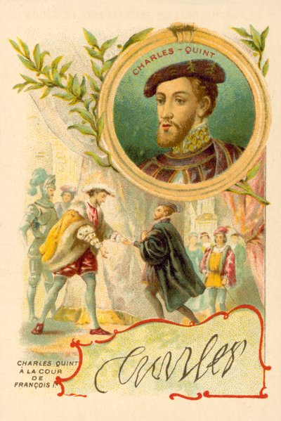 O Imperador Carlos V na corte de Francisco I da França (chromolitho) de French School