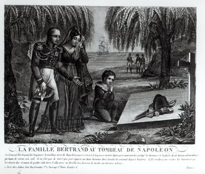 A Família do General Henri-Gratien Bertrand (1773-1844) no túmulo de Napoleão Bonaparte (1769-1821) 1821 (lito) (foto bw) de French School