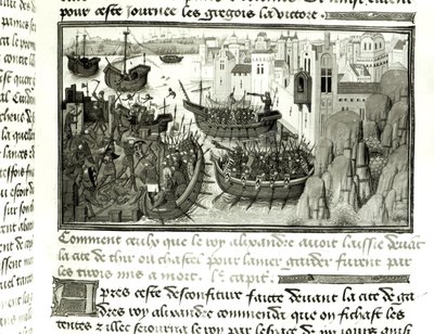 O primeiro ataque a Tiro, da Histoire du Grand Alexandre 1460 de French School
