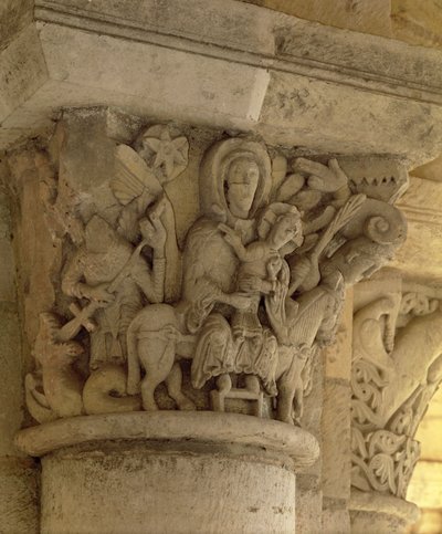 A fuga para o Egito, coluna de alívio da capital da igreja da abadia beneditina, do século 13 de French School