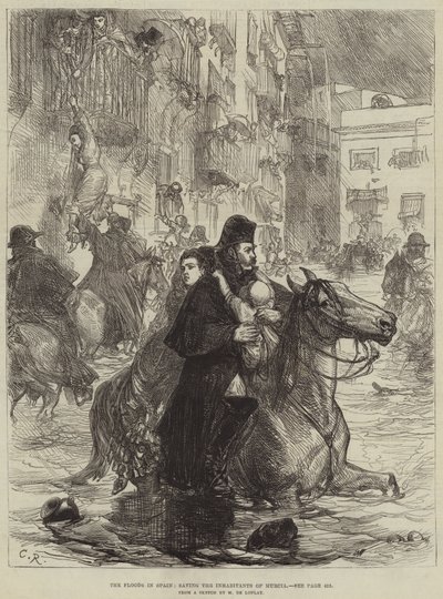 As inundações em Espanha, salvando os habitantes de Murcia (gravura) de French School
