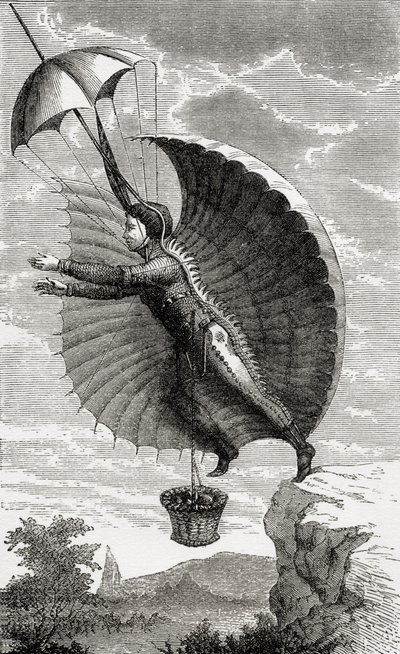 O homem voador, gravado após Nicolas Edme Restif de la Bretonne, de "Maravilhosas Subidas Balão ou a Conquista dos Céus", por Fulgence Marion, publicado em c.1870 de French School
