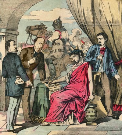 O Tratado de Frankfurt, assinado em 10 de maio de 1871, pôs fim à guerra franco-alemã, após negociações entre Adolphe Thiers e Otto von Bismarck: A França teve de ceder a Alsácia e parte da Lorena, e pagar 5 mil milhões de francos. Gravura, no "Le Figaro,  de French School