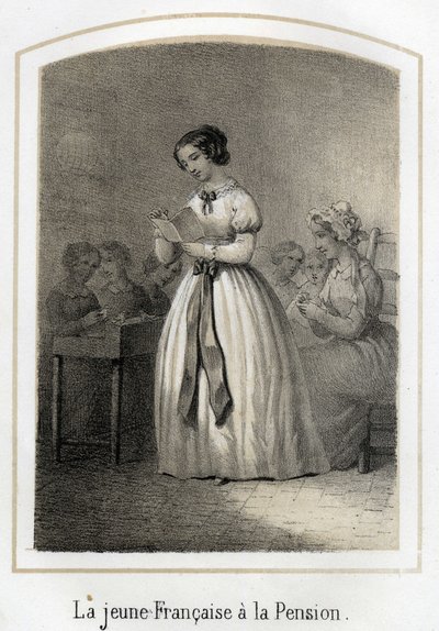 A rapariga francesa lê para os colegas de turma. Gravura anónima do século XIX de French School