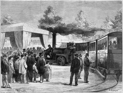 O inventor francês Larmanjat conduzindo um de seus "bondes" durante um ensaio realizado no Trocadero de Paris em 8 de agosto de French School
