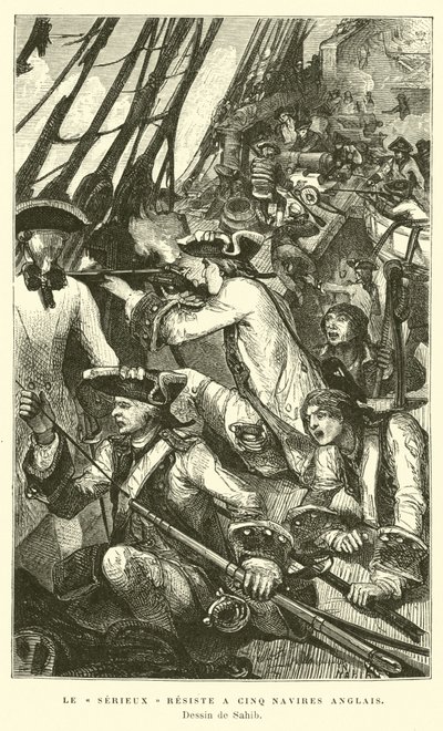 O navio de guerra francês Serieux resistindo a um ataque de cinco navios britânicos de French School