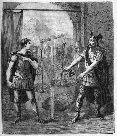 O líder do exército gaulês Brennos (Brennus) derrota os romanos e proclama os "Vae Victis" (Ai dos vencidos), Os gauleses exigem resgate após a conquista de Roma - O líder dos Brennus da tribo gaulesa dos Sénons pronuncia o fatídico Vae vict de French School