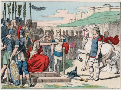 O chef galego Vercingetorix (80-46 AC) indo para Jules Cesar (100-44 AC) para Alesia em 52 AC - Vercingetorix (72-46 AC) líder galego, entregando-se a César em Alesia (França) - Gravura do final do século 19 em "Nos Gires Nationales - Imagens de French School