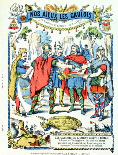 Os líderes gauleses na liga contra Júlio César (100-44 aC) liderados por Vercingetorix (d.46 aC) a partir de uma capa protetora para livros escolares, final do século XIX de French School