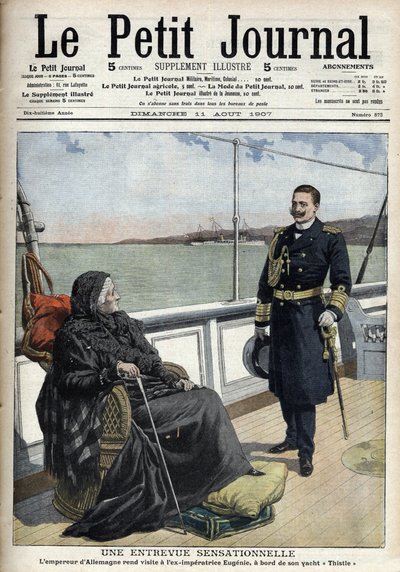 O imperador alemão Guilherme II (1859-1941) visitou a antiga Eugenia imperial (1826-1920) a bordo do seu iate "Thistle", "Le petit journal" le 11 August 1907 (gravura) de French School