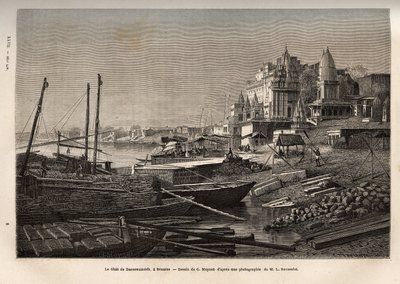 O Ghat de Benares (actual Vanarasi) (ghat que designa os degraus que cobrem as margens dos rios e as margens das bacias e reservatórios que permitem descer em contacto com a água), gravado após o desenho de G. Moynet, ilustrando a viagem t de French School