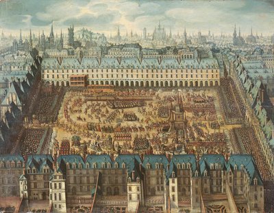 O glorioso torneio de cavaleiros justa na Place Royale para celebrar o casamento de Luís XIII (1601-43) com Ana da Áustria (1601-66) 5, 6 e 7 de abril de 1612 de French School