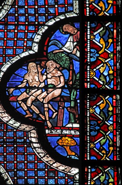 A janela do Bom Samaritano: Deus chama Adão e Eva (com folhas de figueira) (w44) de French School