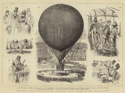O Grande Balão Cativo nas Tuileries, Paris (gravura) de French School