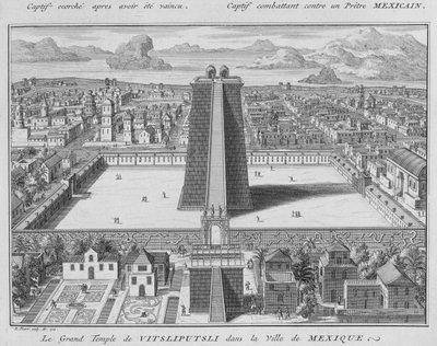 O grande templo de Vitsliputsli na cidade do México, ilustração de cerimônias religiosas e costumes, gravada por Bernard Picart (1673-1733) 1722 de French School