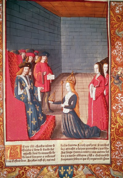 A Santa Imperatriz Romana Richilde da Provence em Compiegne apresentando a Luís, o Gago, a coroa e o cetro que haviam pertencido a seu pai Carlos II 