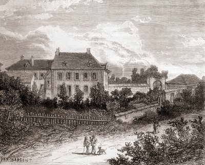 A casa de Gras, perto de Chalon-sur-Saône, em França, onde o inventor francês Nicéphore Niépce desenvolveu a heliografia, de Les Merveilles de la Science, publicado por volta de 1870 (gravura) de French School