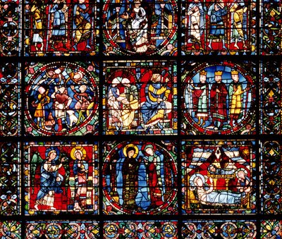 A Janela da Encarnação, detalhe da parte inferior representando a Anunciação, a Visitação, a Natividade, a Anunciação aos Pastores e os Reis Magos antes de Herodes de French School