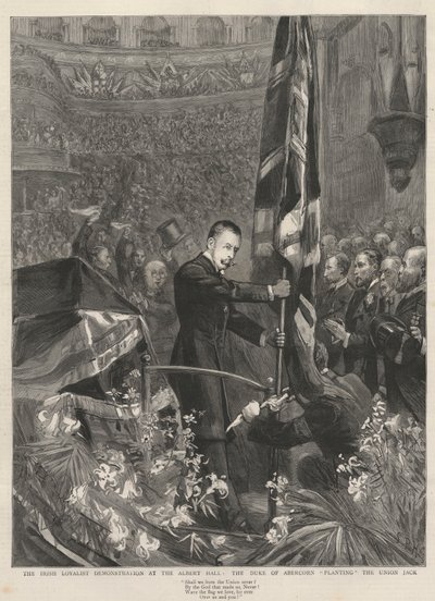 A demonstração legalista irlandesa no Albert Hall, Londres, 1893: o duque de Abercorn (James Hamilton) (1811-1885), plantando a Union Jack. de French School