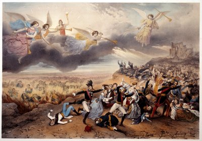 O Juízo de Deus Os Anjos do Apocalipse tocam as trombetas e anunciam o Juízo Final perante os monarcas e outros protagonistas da história francesa, Napoleão I e representantes do Antigo Regime ardem nas chamas do Inferno. Ilustração feita de French School