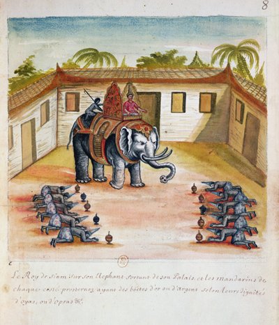 O rei do Sião em seu elefante, de um relato dos jesuítas em Sião, 1688 (wc no papel) de French School