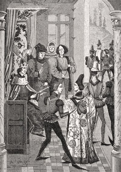Corte do Rei ou Grande Conselho, depois de uma miniatura nas "Crônicas de Froissart", de "Le Moyen Age et la Renaissance", de Paul Lacroix (1806-84), publicado em 1847 de French School