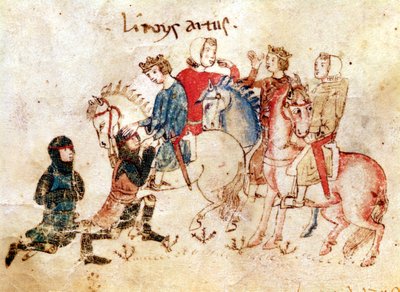 Os Cavaleiros Esclabor e Arphasar Oferecem seus Serviços ao Rei Artur, do Romano de Meliádus de French School