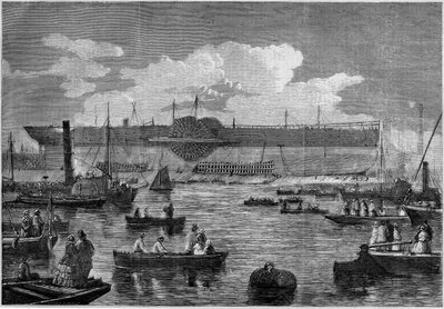 O "Leviatã" (Grande Oriente), o primeiro transatlântico gigante, durante sua tentativa de lançamento em 1857. Gravura em "Le Monde Illustré" n°31 de 14 de Novembro de 1857. de French School