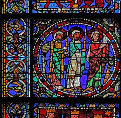 A janela da Vida de Cristo: Três santos participando da Apresentação no Templo (com o próximo painel) (w50) de French School