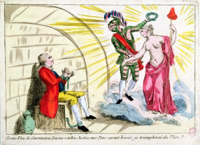 O Homem da Máscara de Ferro Libertado pela Revolução, representação alegórica da Constituição Francesa (gravura a cores) de French School