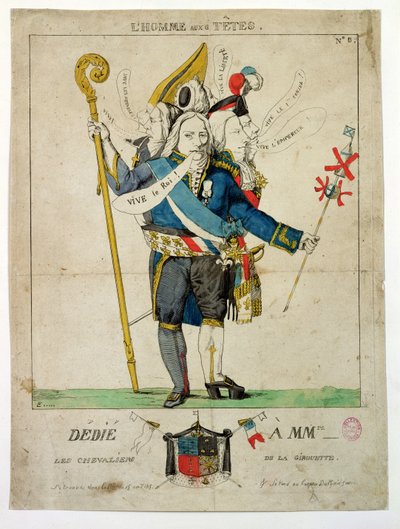 &39;O homem com seis cabeças&39;, caricatura de Charles Maurice de Talleyrand-Perigord (1754-1838), 1815 (gravura colorida à mão) de French School
