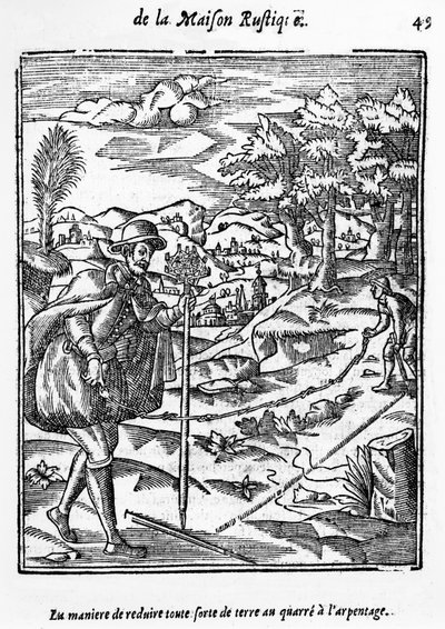 A maneira em que reduzir qualquer tipo de terreno para a Praça de topografia, ilustração de LAgriculture et Maison Rustique por Charles Estienne, edição publicada em 1641 de French School