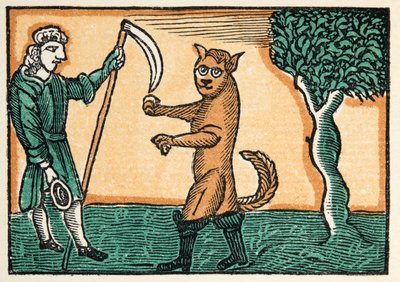 O gato mestre ou gato nas botas de histórias ou contos de tempos passados contada por Madre Goose, com moral, por M Perrault, pub. 1925 (impressão em xilogravura colorida à mão) de French School