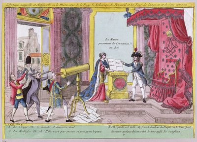 O Microscópio da Fúria, o Telescópio do Orgulho e os Olhos da Razão e do Senso Comum, caricatura da reação da nobreza e do clero à Constituição francesa, c.1791 de French School