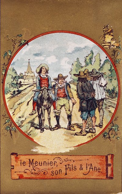 O Moleiro, seu Filho e o Burro, c.1880 (gravura colorida) de French School