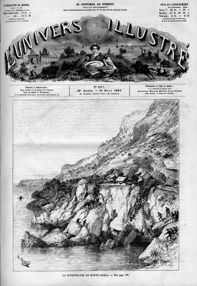 O desastre de Monte Carlo (Monte-Carlo): acidente de comboio na linha férrea ao longo da costa. Um jornal. Gravura no "Le Monde Illustré". de French School