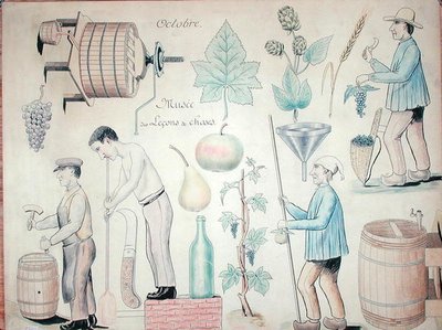 O Mês de Outubro: Produção de vinho (caneta e tinta e lápis de cor sobre papel) de French School