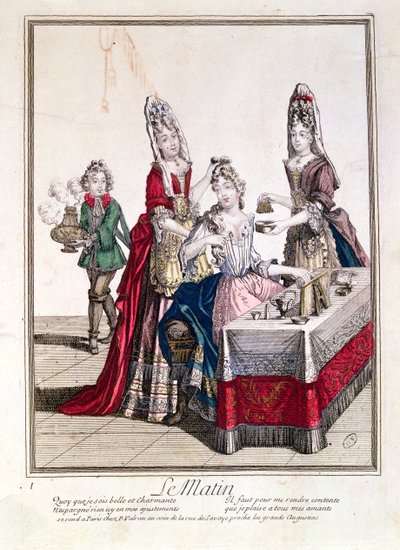 A manhã, Lady em seu banheiro, segunda metade do século XVII (gravura a cores) de French School
