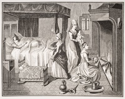O recém-nascido, depois de uma miniatura do século 15 em "História da Belle Helaine", de "A Idade Média e o Renascimento", de Paul Lacroix (1806-84), publicou 1847 de French School