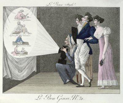 O estilo antigo, assistindo a uma projeção de imagens do século XVIII de um filme de lanterna mágica, ilustração de Le Bon Genre de French School