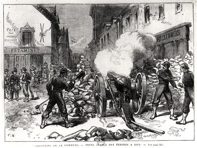 A Comuna de Paris: uma barricada em Issy, 2 de maio de 1871 (gravura) (foto bw) de French School