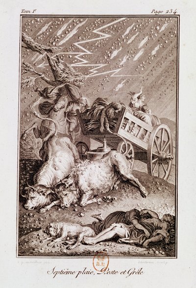 As pragas do Egito: As pragas do gado doente, furúnculos e granizo, da "Bíblia" por Isaac Lemaistre de Sacy (1613-84) de French School