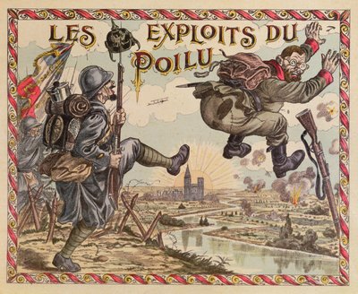As conquistas de Poilus, empurrando o alemão além do Reno, cobertura de um jogo de tabuleiro, c.1914-15 de French School