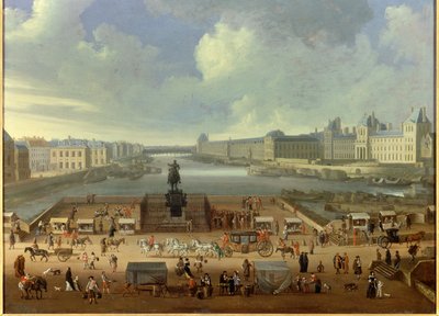 A Pont Neuf vista da entrada da Place Dauphine, o Quai Malaquais, o Colégio das Quatro Nações, a grande galeria e o Louvre. A pintura anónima de French School