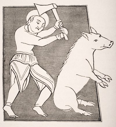 "O carniceiro de porco", reprodução de uma miniatura do século XV num foral da abadia de Solignac, de "Le Moyen Age et La Renaissance" de Paul Lacroix (1806-84), publicado em 1847 (litografia) de French School